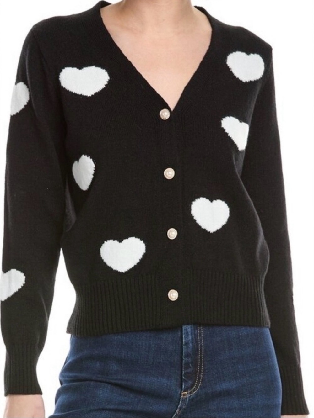 Nanette Lepore Black Cardigan with White Heart Motif Casual Cozy Romance